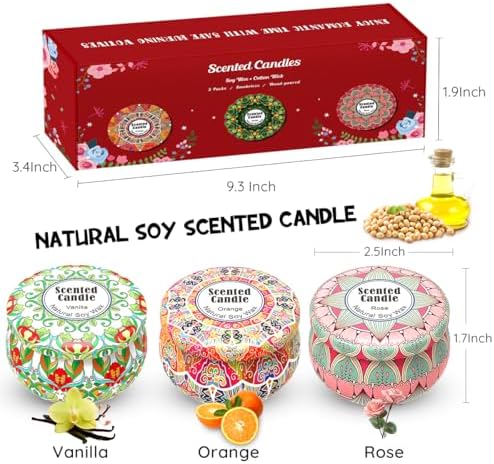 3 Pack Rose Vanilla Orange Scented Candle Set for Women Holiday Gift