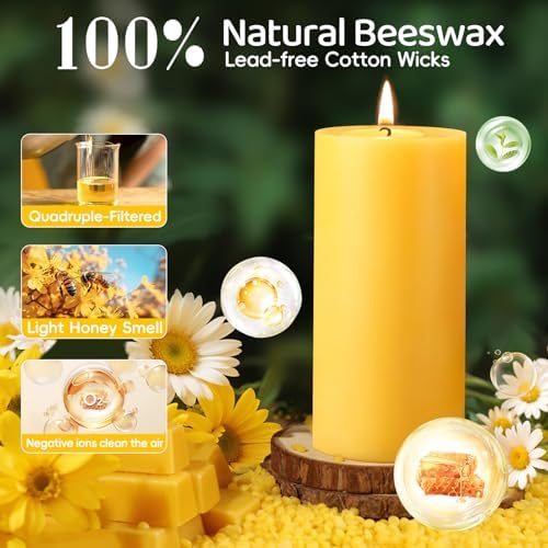 Natural Beeswax Pillar Candles - 95 Hours Long Burn Dripless Smokeless Unscented Organic
