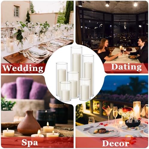 Shihanee Ivory Pillar Candles with 6 Glass Vases Set