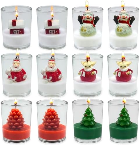 12-Pack Christmas Glass Votive Candles with Holiday Designs