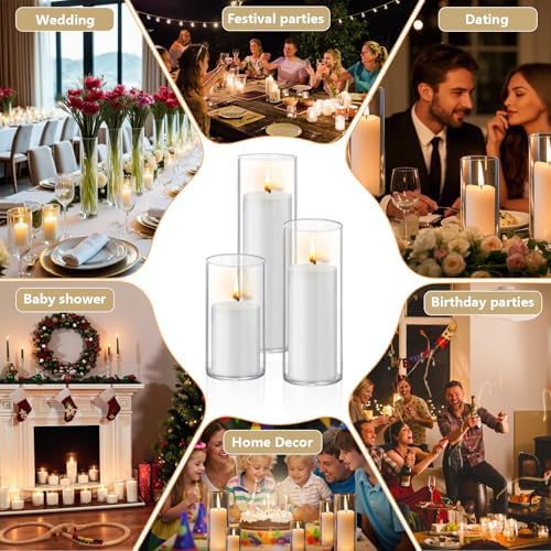 6pcs White Pillar Candles with Clear Glass Holders for Centerpieces and Events