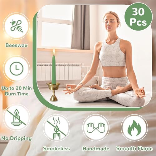 20 Min Sage Green Meditation Candles - 30 Pack with Holder and Wax Dots