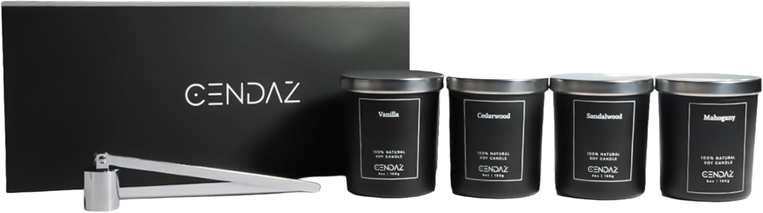 Cendaz Scented Mens Candle Set 4-Pack with Snuffer