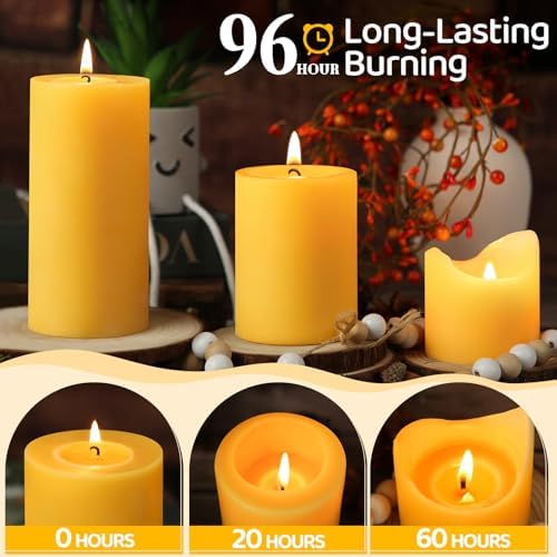 Natural Beeswax Pillar Candles - 95 Hours Long Burn Dripless Smokeless Unscented Organic