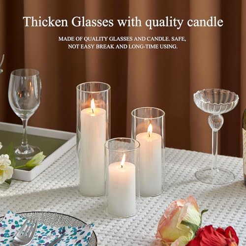 Set of 6 White Pillar Candles with Clear Glass Holders