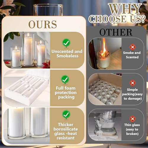 6pcs White Pillar Candles with Clear Glass Holders for Centerpieces and Events