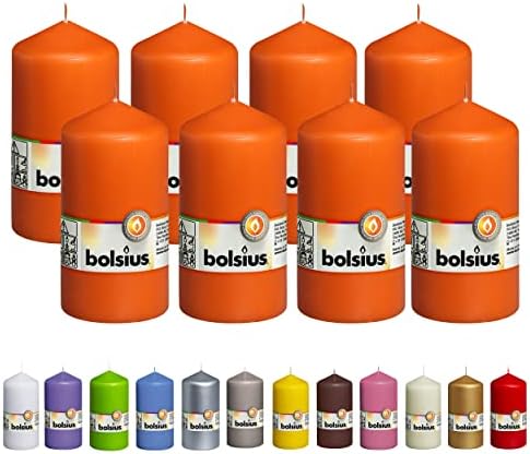 BOLSIUS 8 Unscented Orange Pillar Candles 43 Hours Burn Time