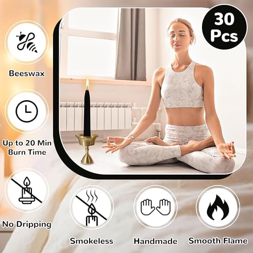 20 Min Black Meditation Candles 30 Pack with Holder and Wax Dots