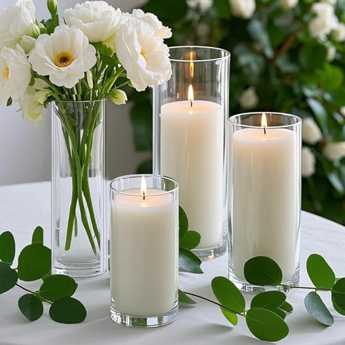 6pcs White Pillar Candles with Clear Glass Holders for Centerpieces and Events
