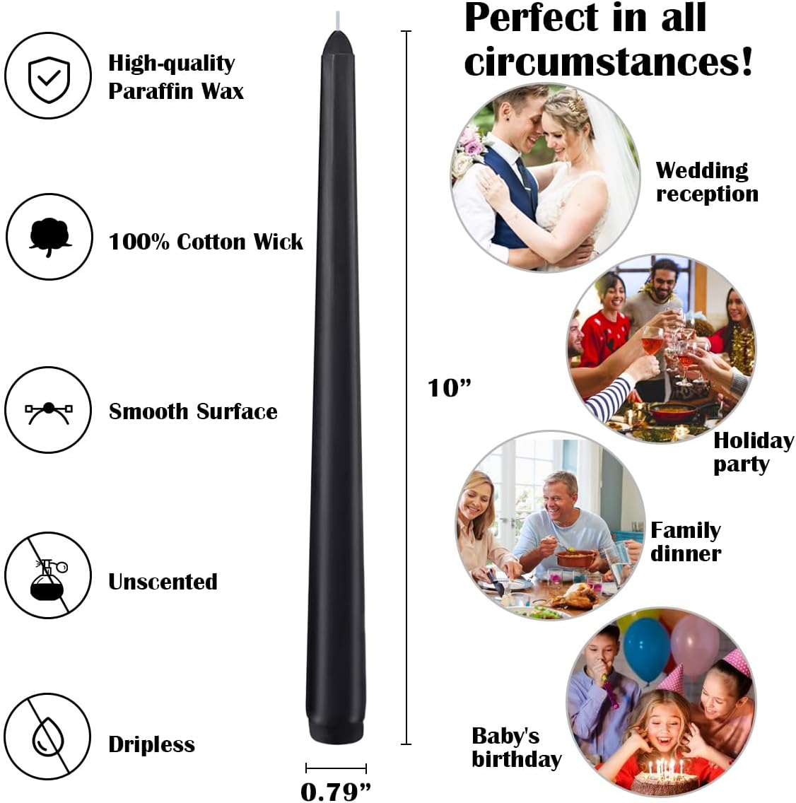 12 Piece Set of Black Cone Candles - 10 Inch Smoke-Free Burners
