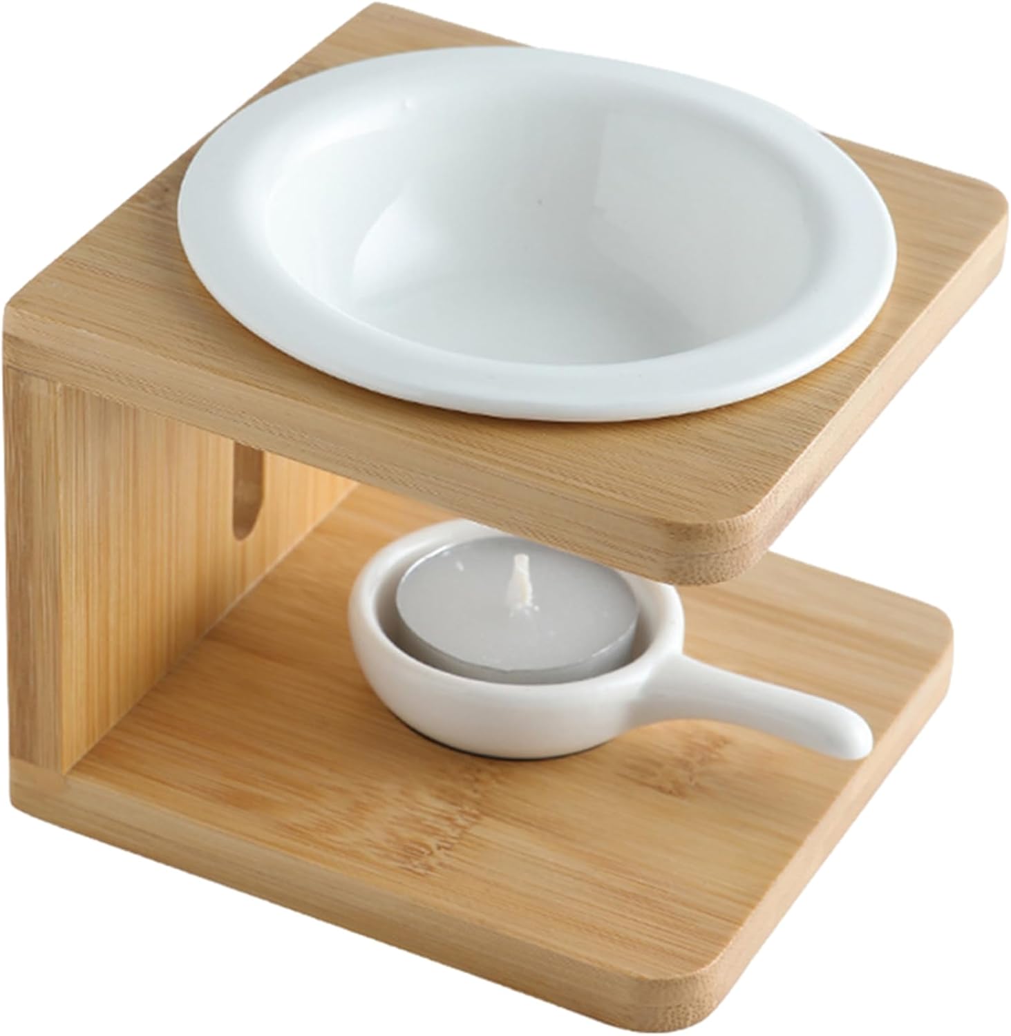 Essential Oil Burner with Bamboo Base and Ceramic Bowl