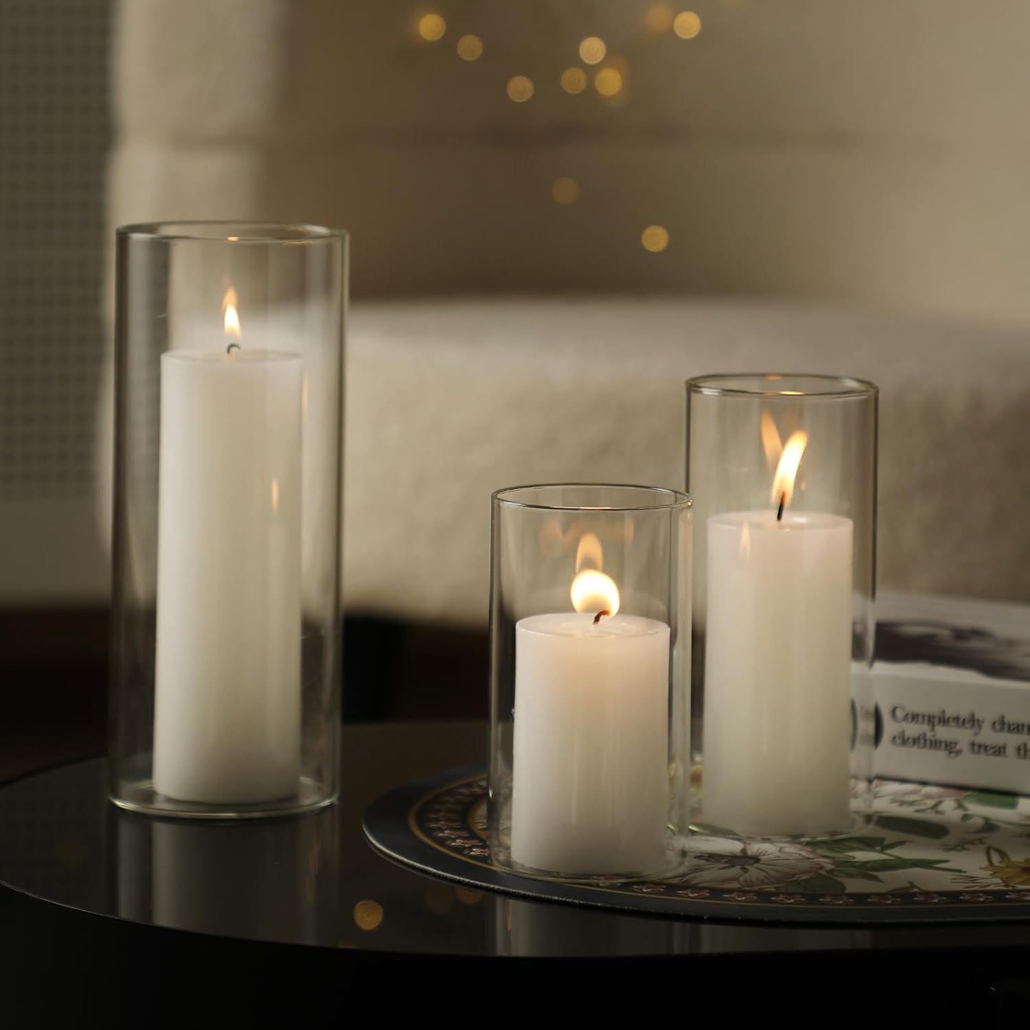 UDU 12 Pillar Candles and 12 Glass Hurricane Holders Set