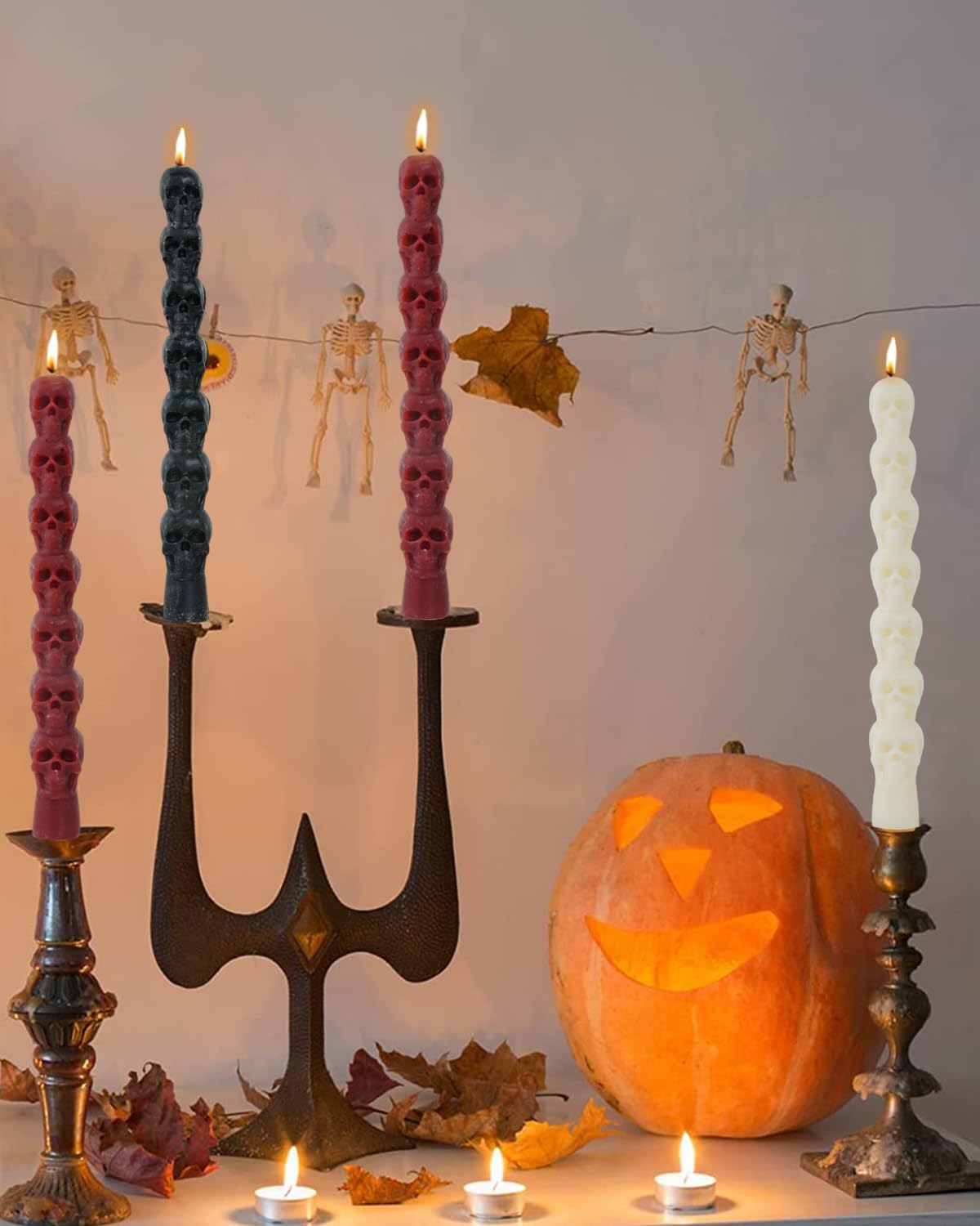 75 Inch Skull Ivory Taper Candle Halloween Set 4 Pack