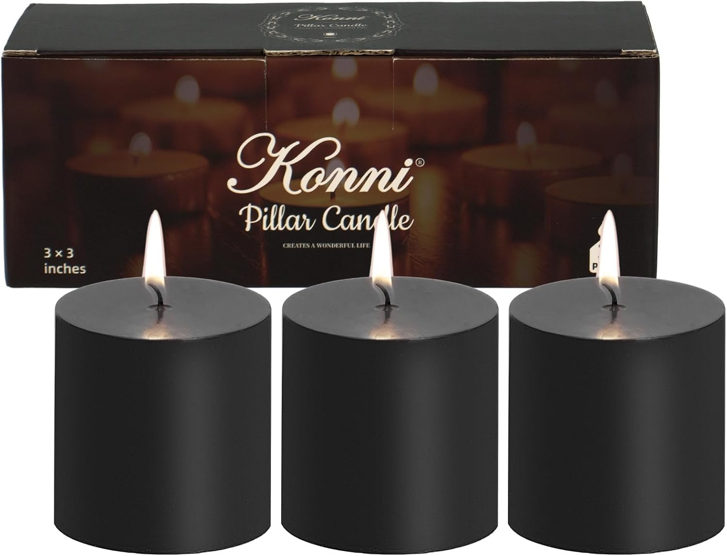 KONNI 3 Pack Black Pillar Candles 30 Hour Burn