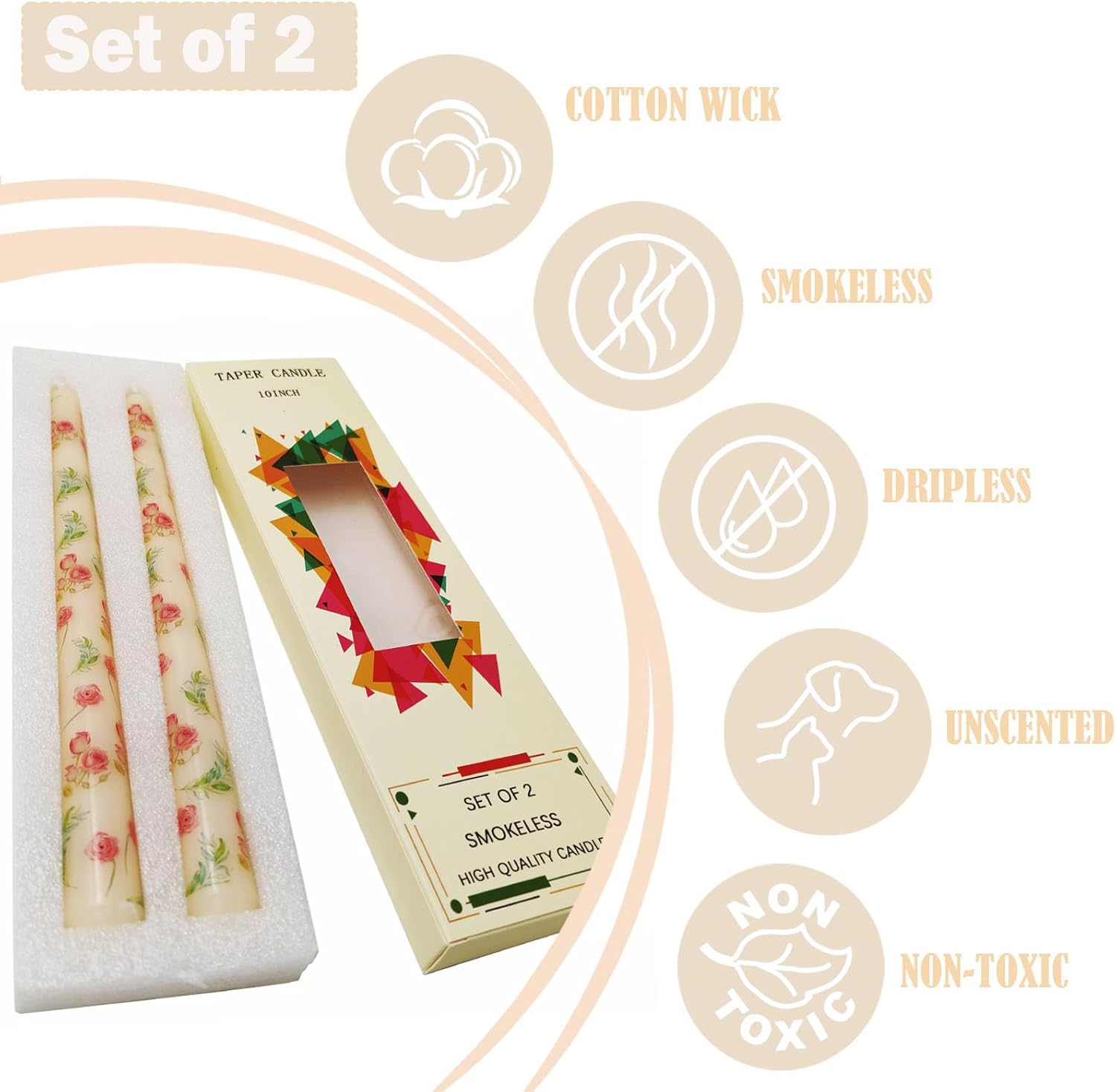 2 Pack Ivory Taper Candles with Flowers Print 10 Inch