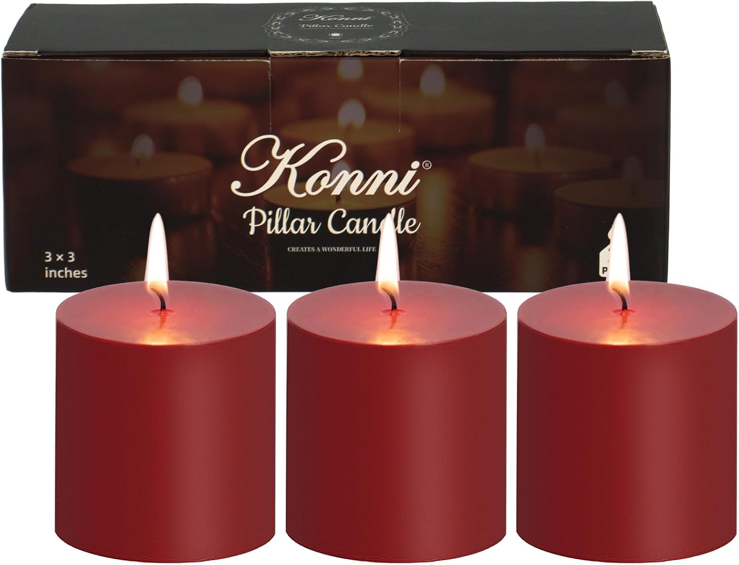 KONNI Dark Red Pillar Candles Set of 3 30 Hour Burn