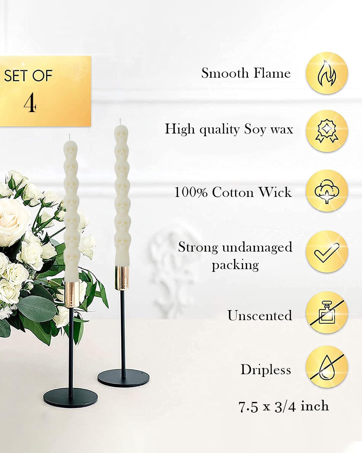 75 Inch Skull Ivory Taper Candle Halloween Set 4 Pack