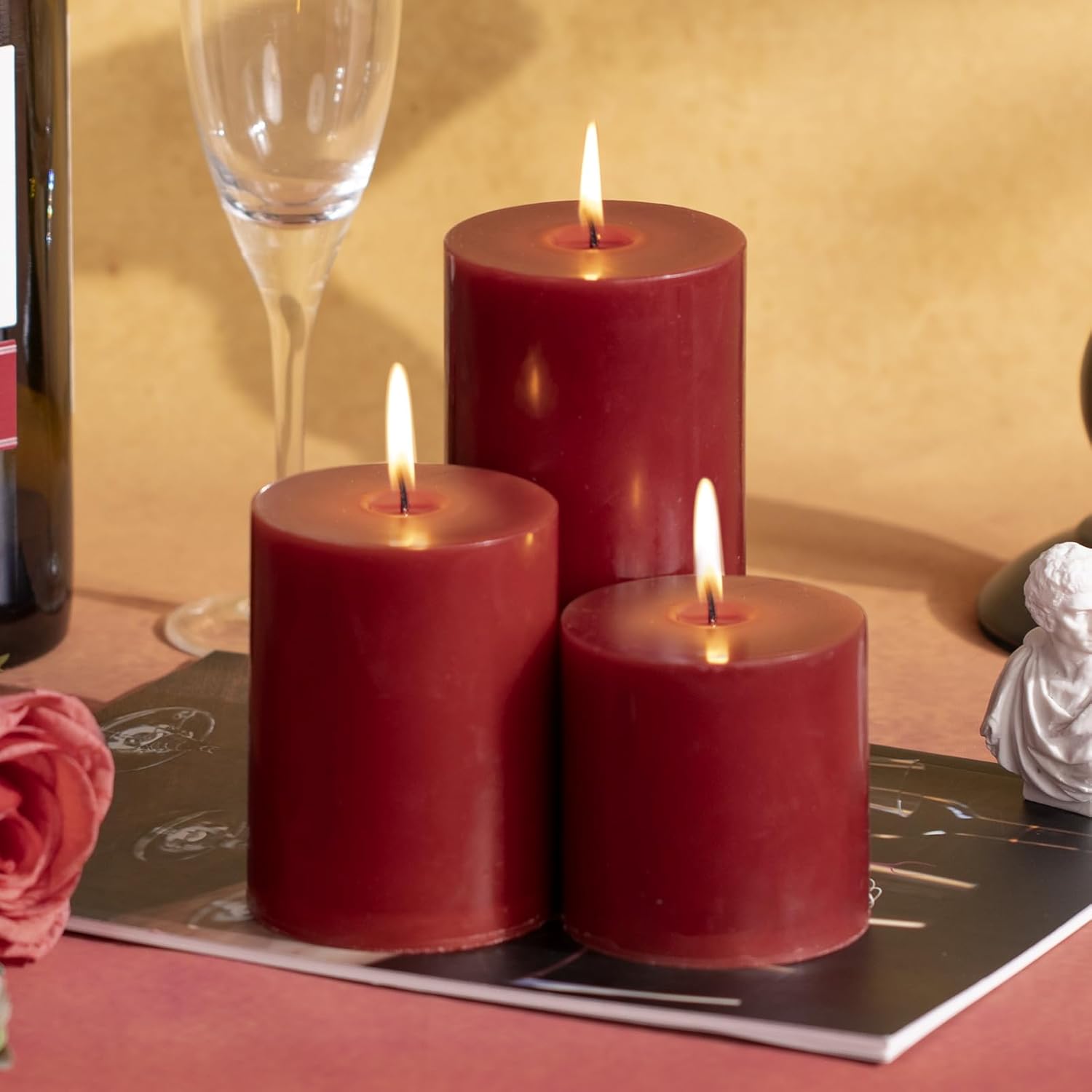 KONNI Dark Red Pillar Candles Set of 3 3x6