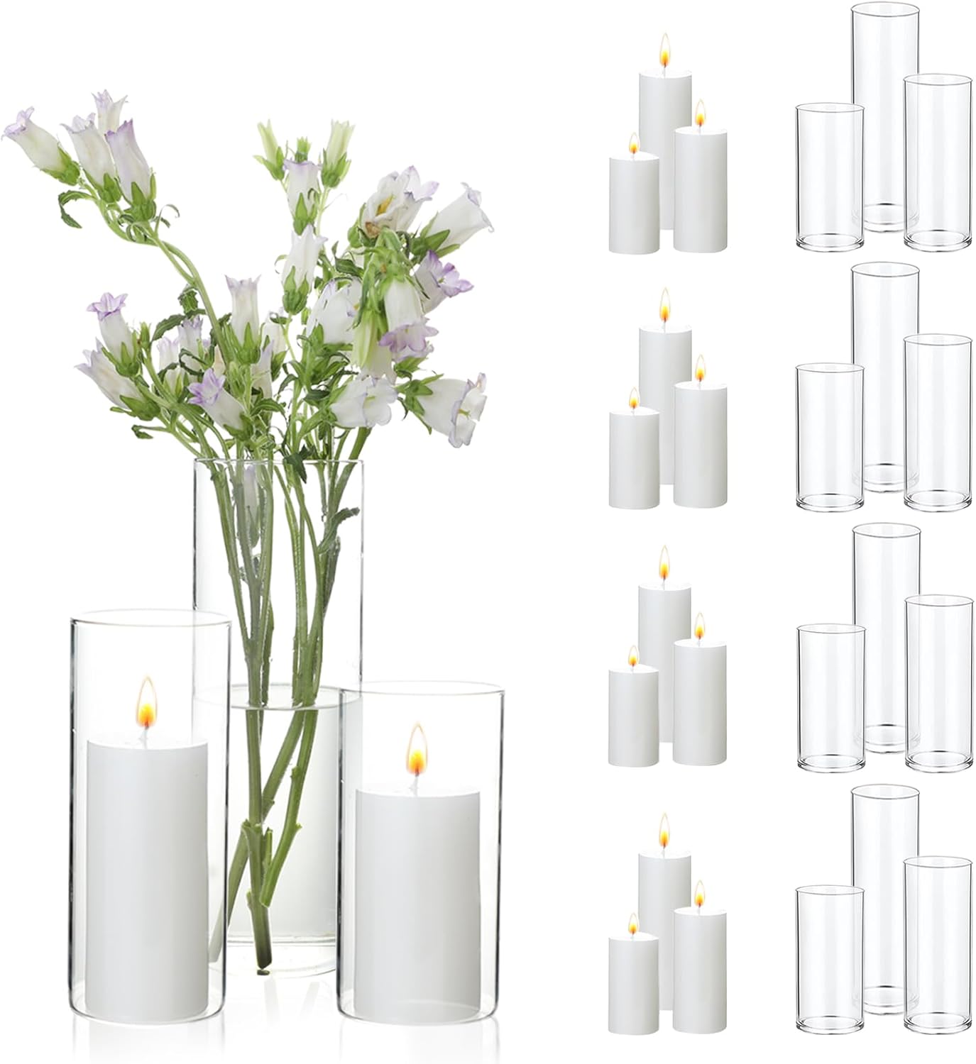 UDU 12 Pillar Candles and 12 Glass Hurricane Holders Set