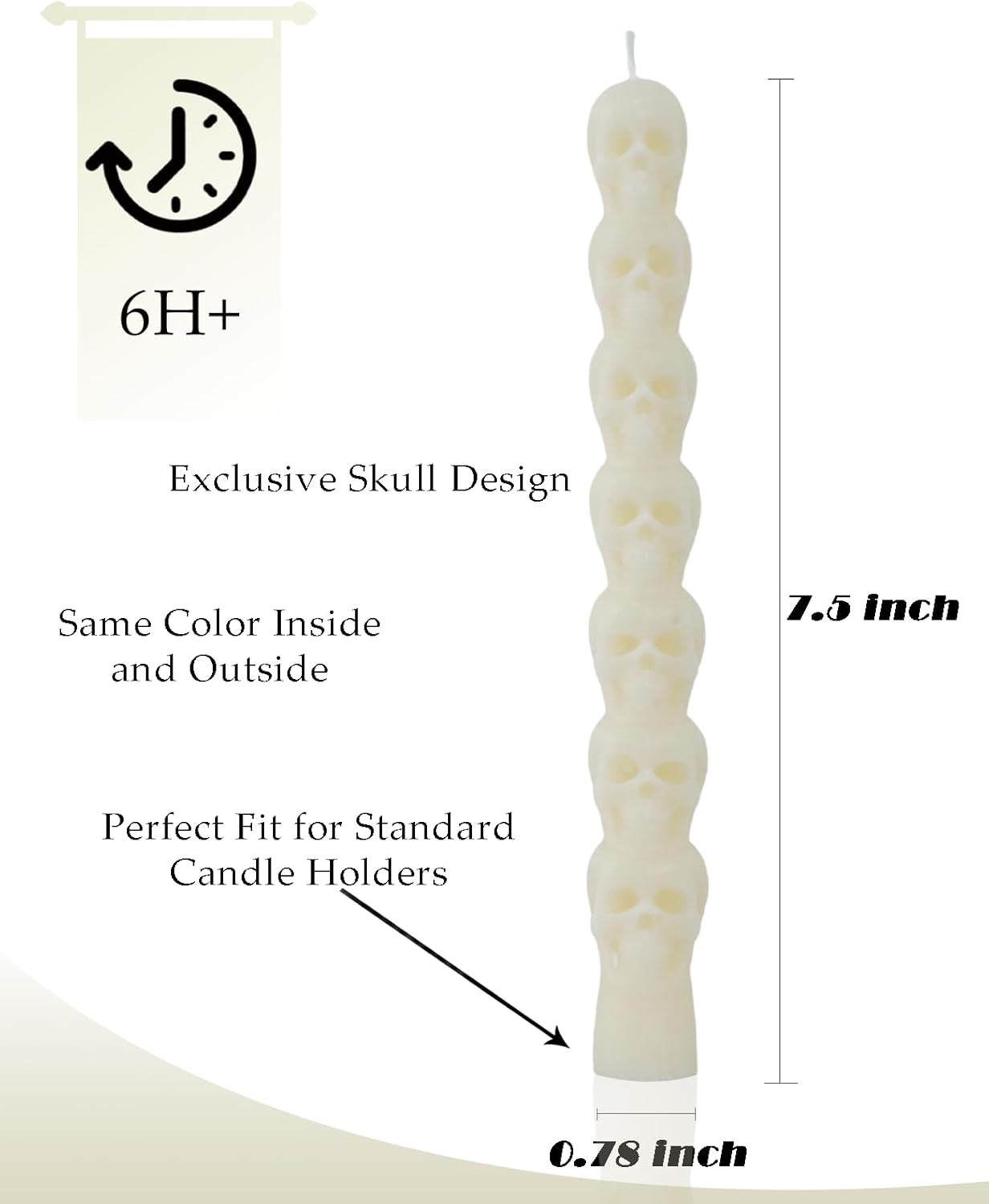 75 Inch Skull Ivory Taper Candle Halloween Set 4 Pack