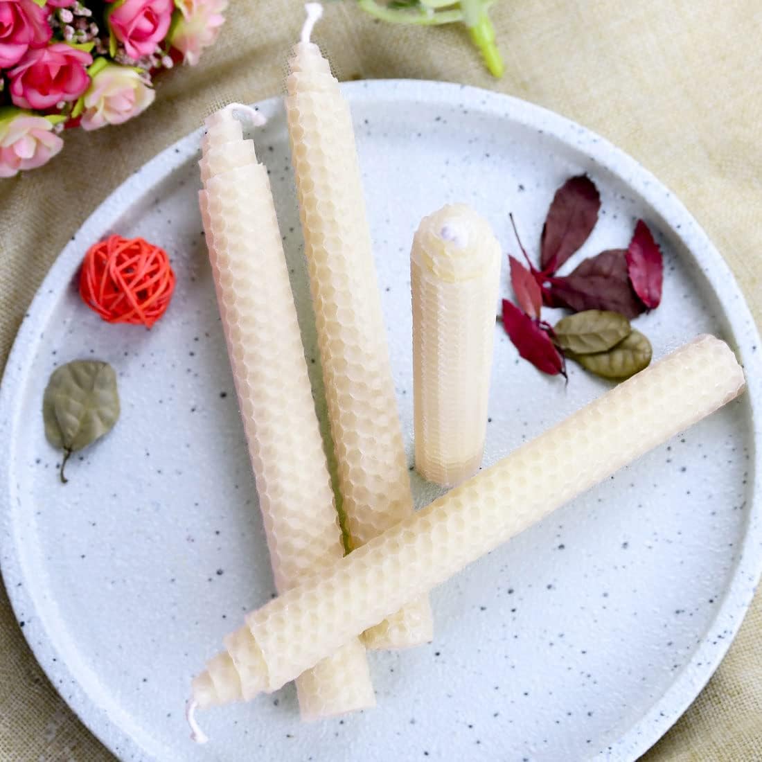 DEYBBY 8 Inch White Beeswax Taper Candles 6 Pack