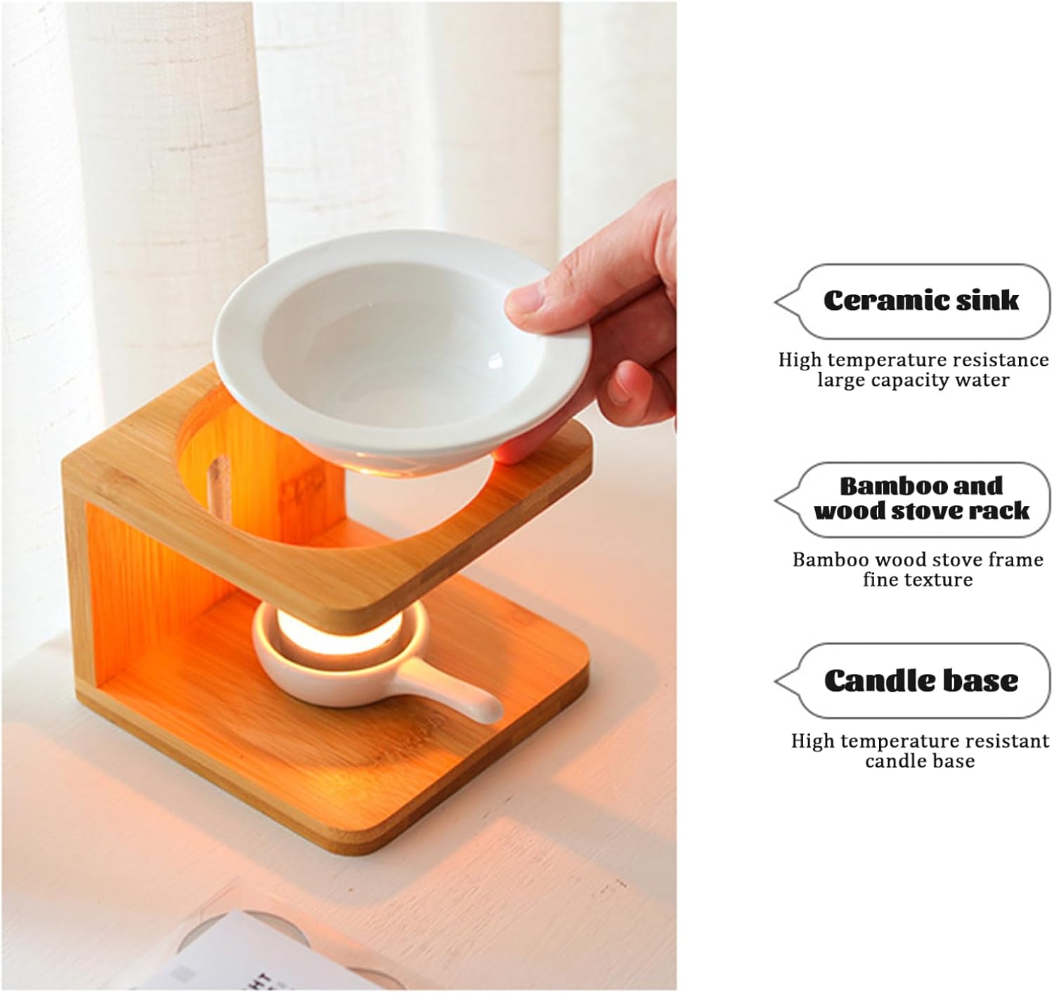 Essential Oil Burner with Bamboo Base and Ceramic Bowl
