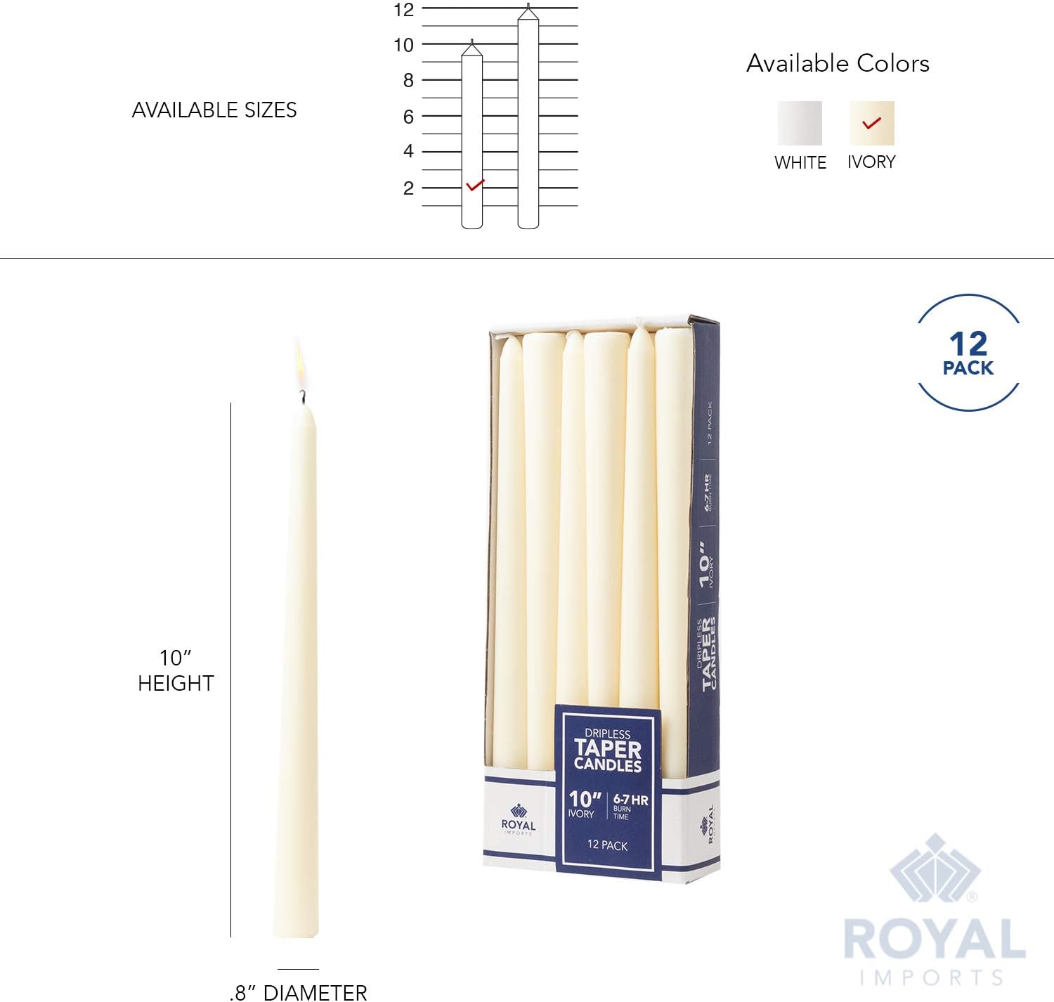 Royal Imports Unscented Taper Candles - 10 Inch Ivory Set of 12