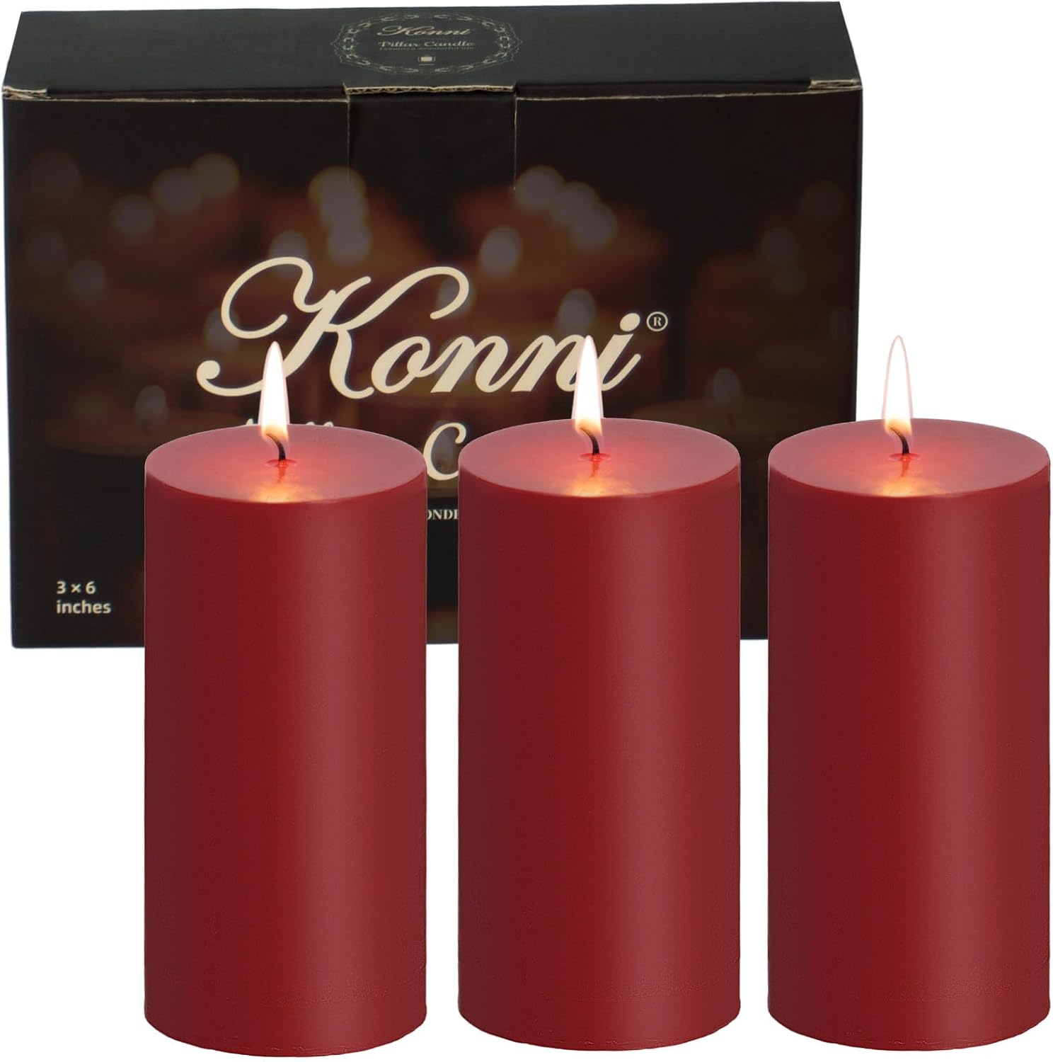KONNI Dark Red Pillar Candles Set of 3 3x6