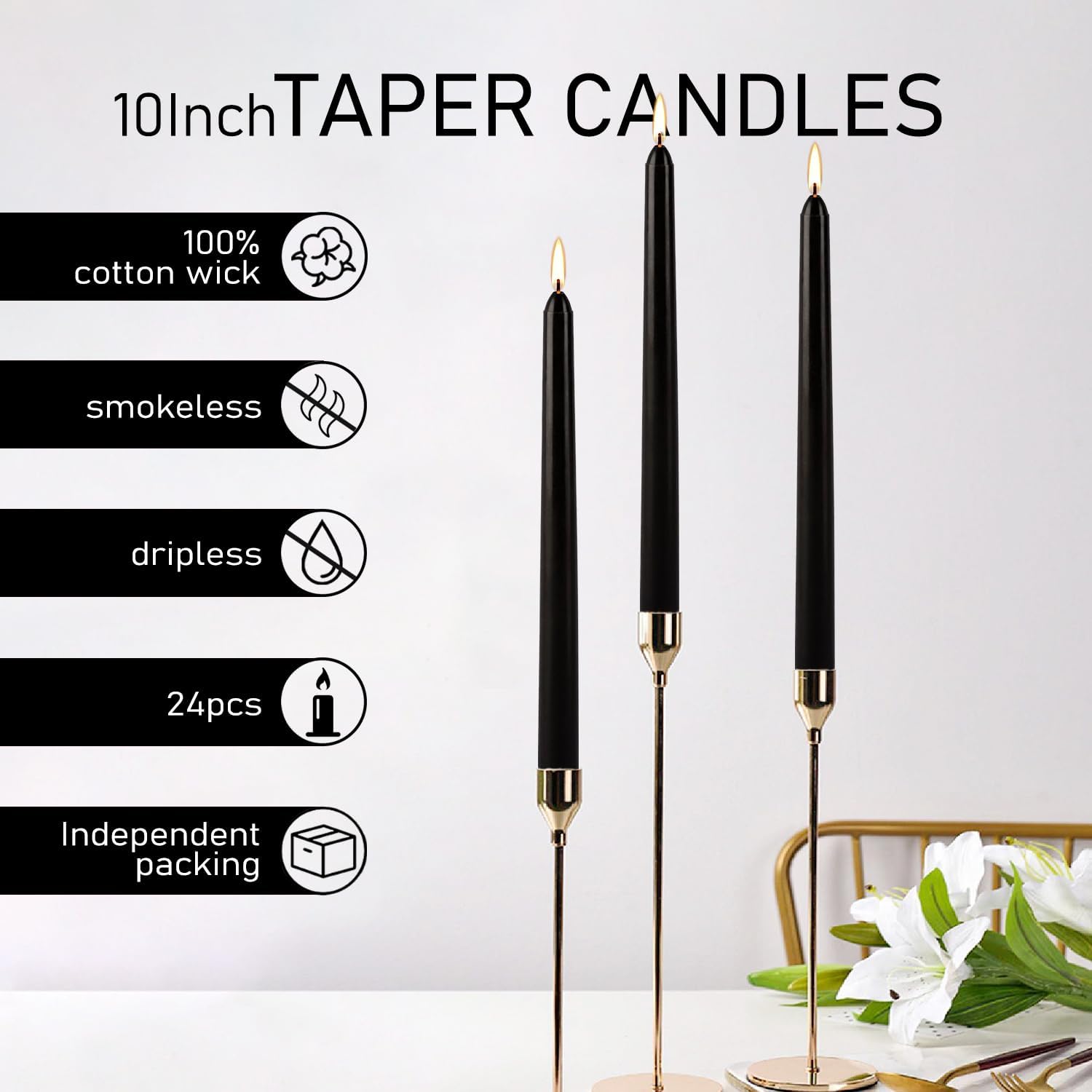 24 Pack Tall Taper Candles 10 Inch Black Dripless Unscented