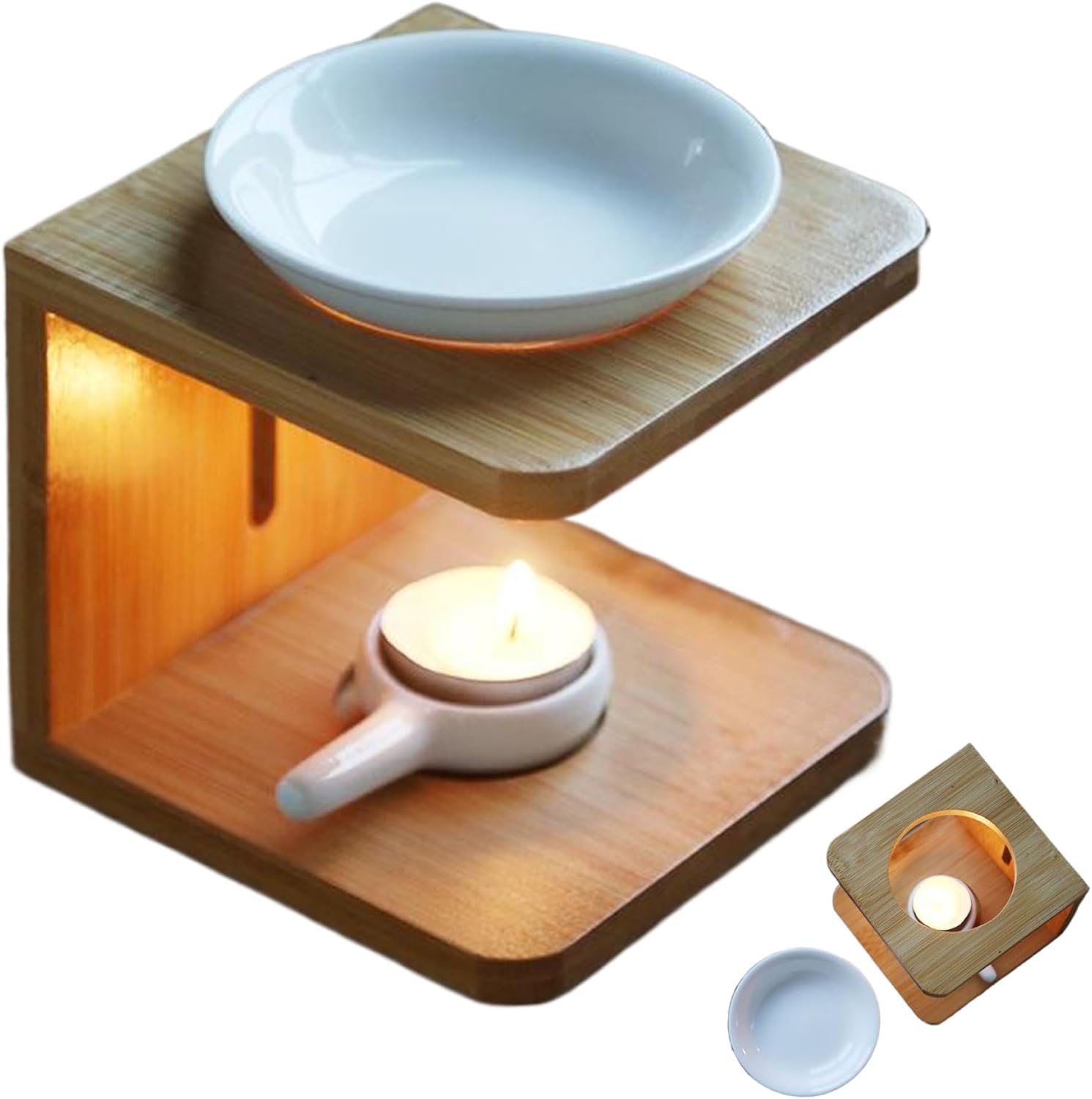 Essential Oil Burner with Bamboo Base and Ceramic Bowl