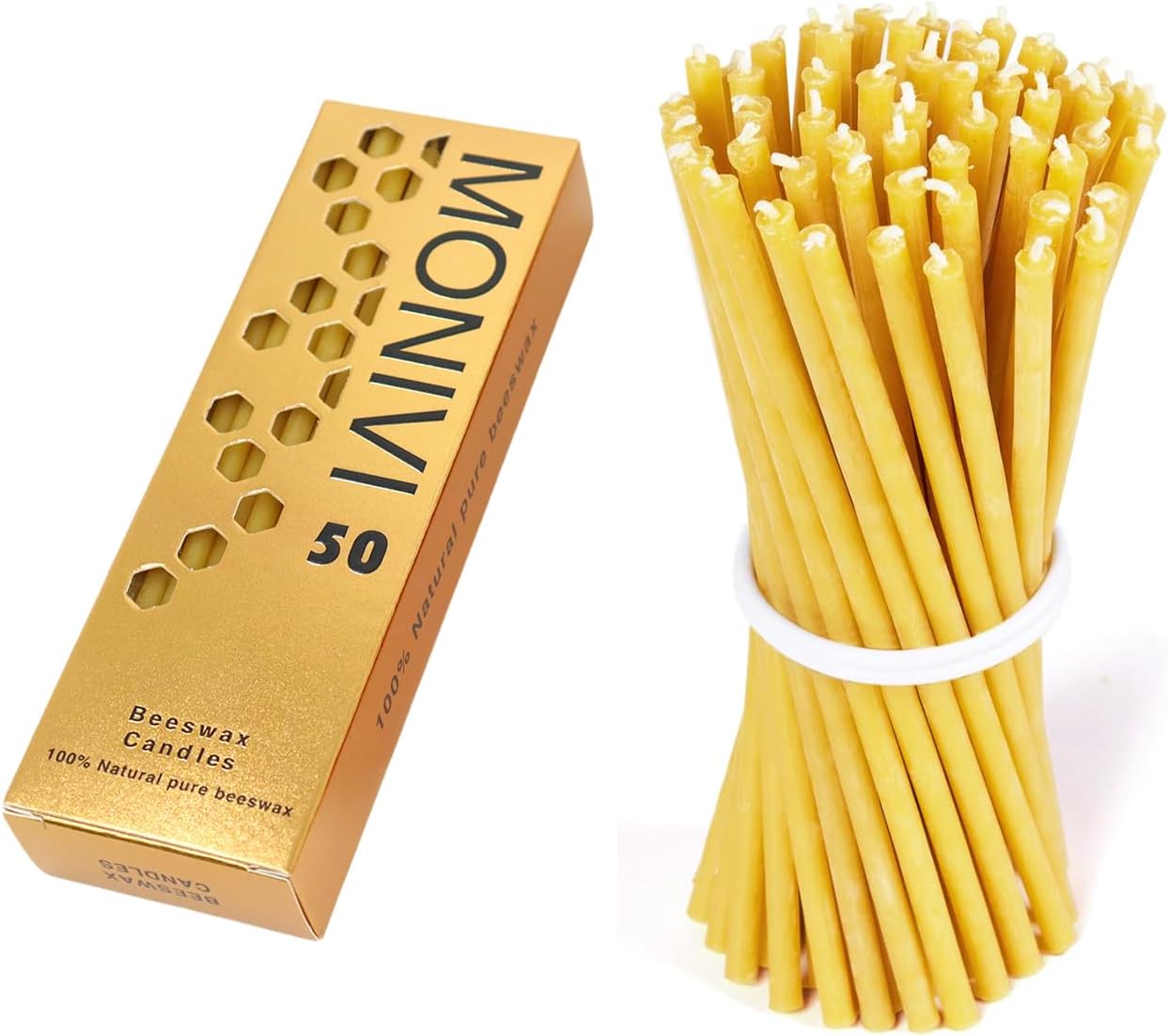 50Pcs Natural Beeswax Taper Candles 63 Inch Smokeless Decorative