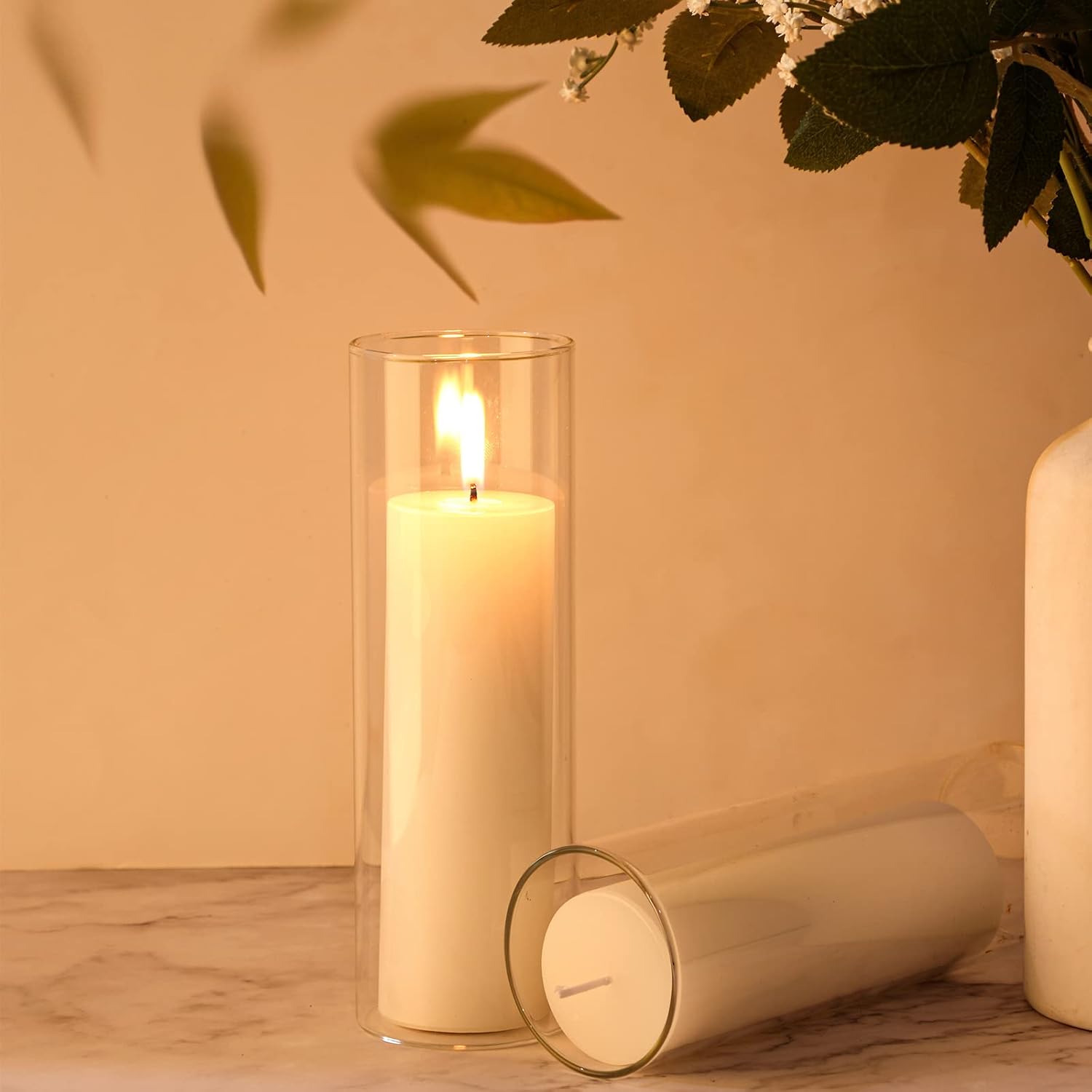 24 Pack White Pillar Candles with Glass Holders for Wedding Centerpieces