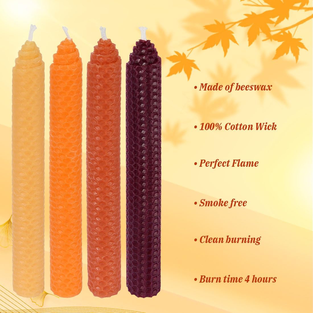 DEYBBY 8 Inch Hand-Rolled Beeswax Taper Candles 4 Pack Cone Top