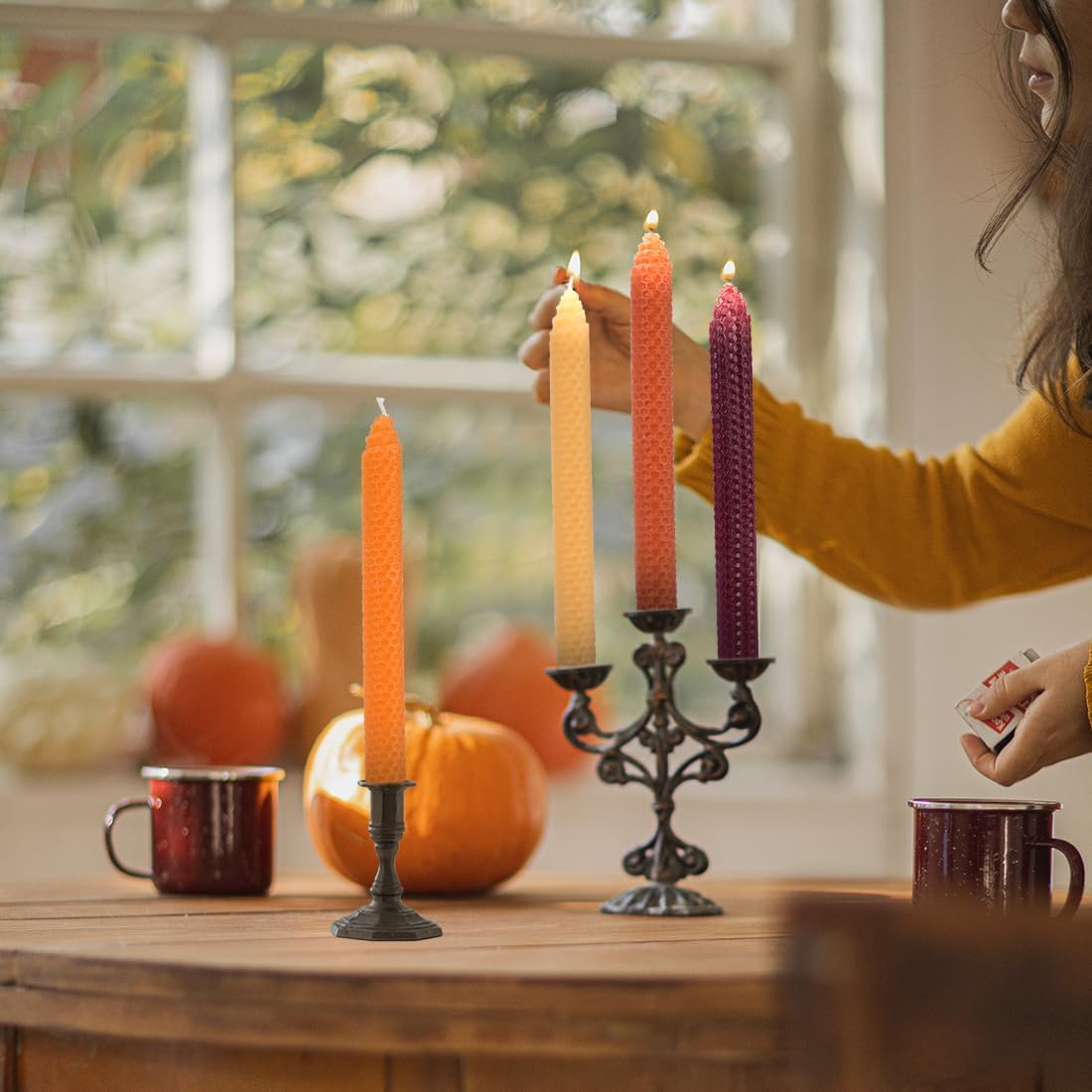 DEYBBY 8 Inch Hand-Rolled Beeswax Taper Candles 4 Pack Cone Top