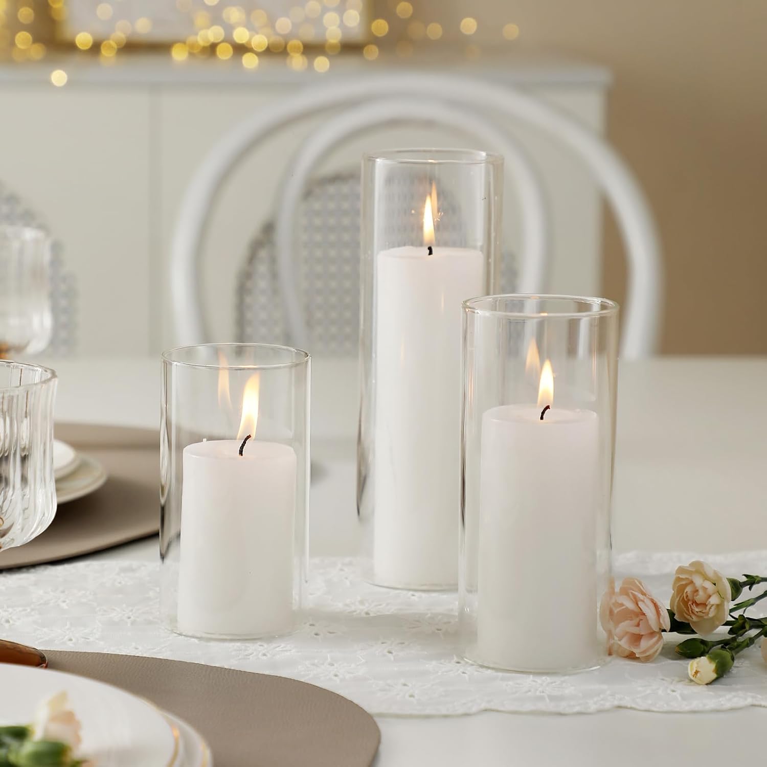 UDU 12 Pillar Candles and 12 Glass Hurricane Holders Set