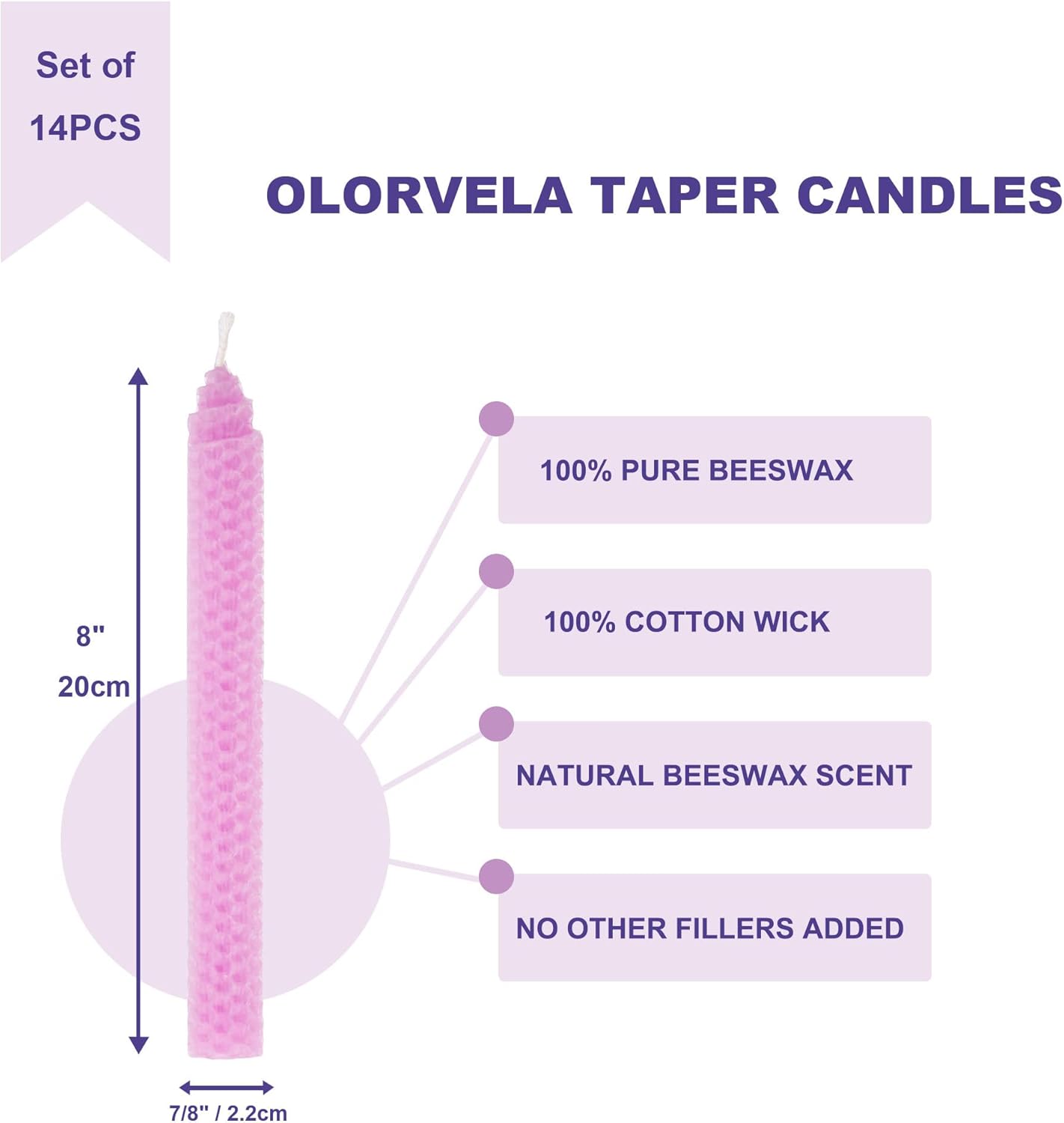 14 Pack Hand-Rolled Beeswax Taper Candles 8 Inch