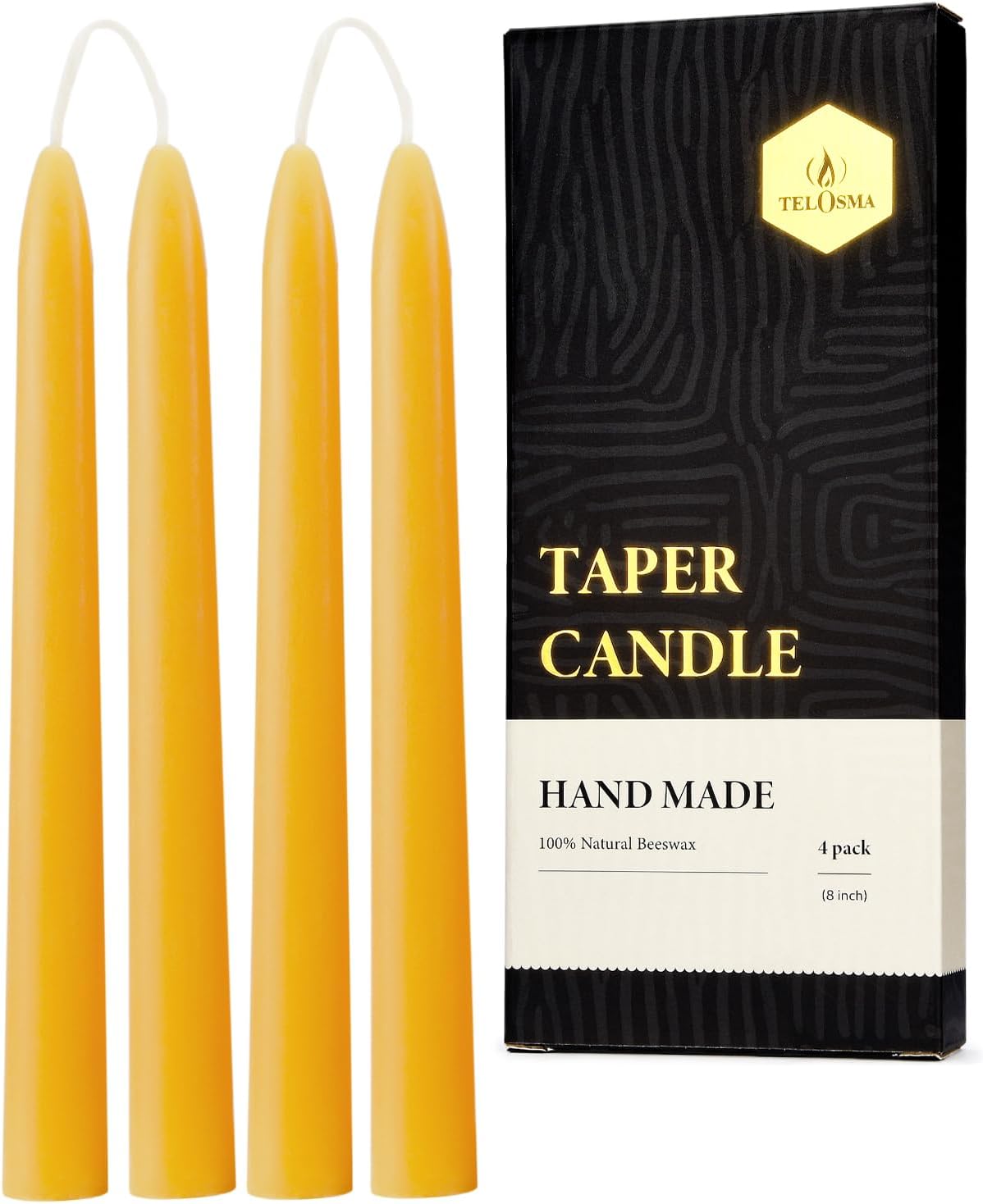 8 Inch Beeswax Taper Candles 4 Pack - Yellow