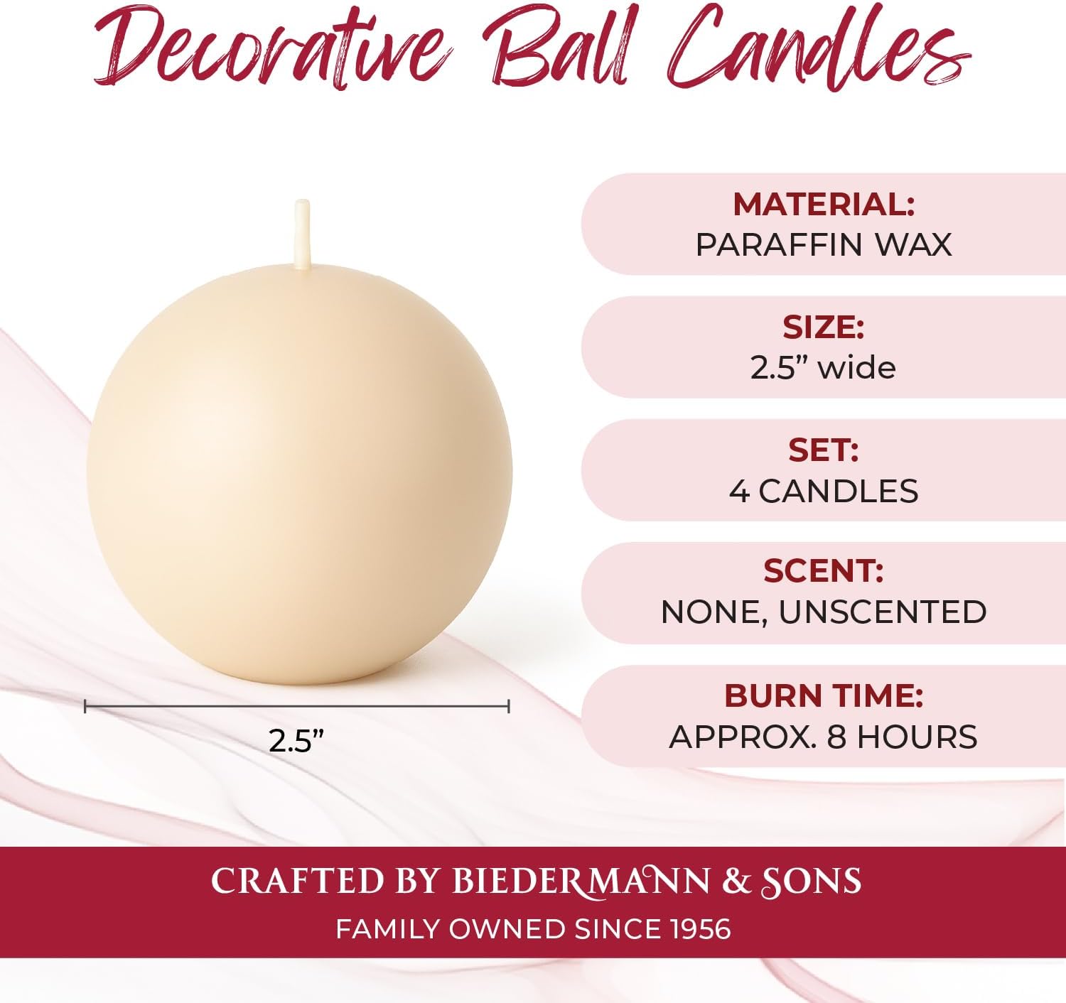 Biedermann Sons 8-Hour Long Burning Unscented Round Ball Candles Set of 4