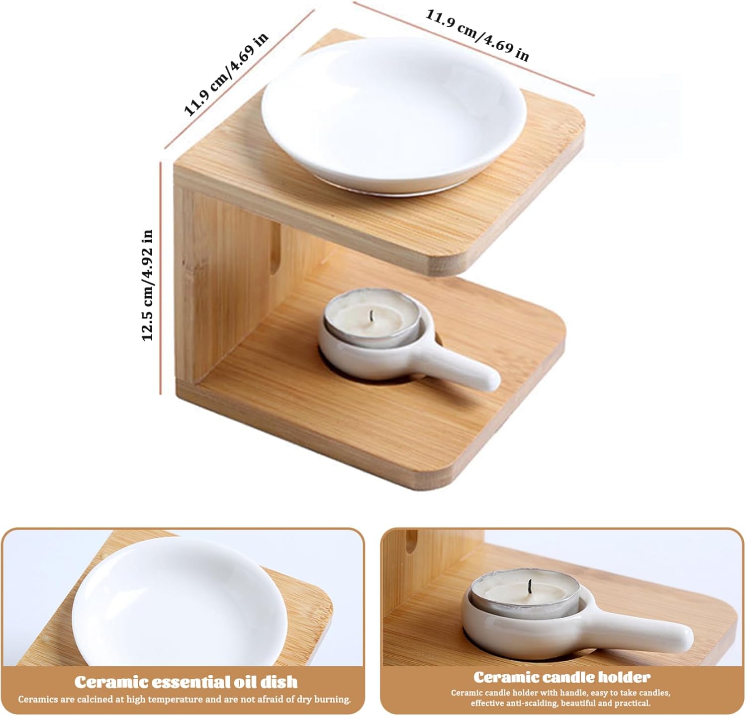 Essential Oil Burner with Bamboo Base and Ceramic Bowl
