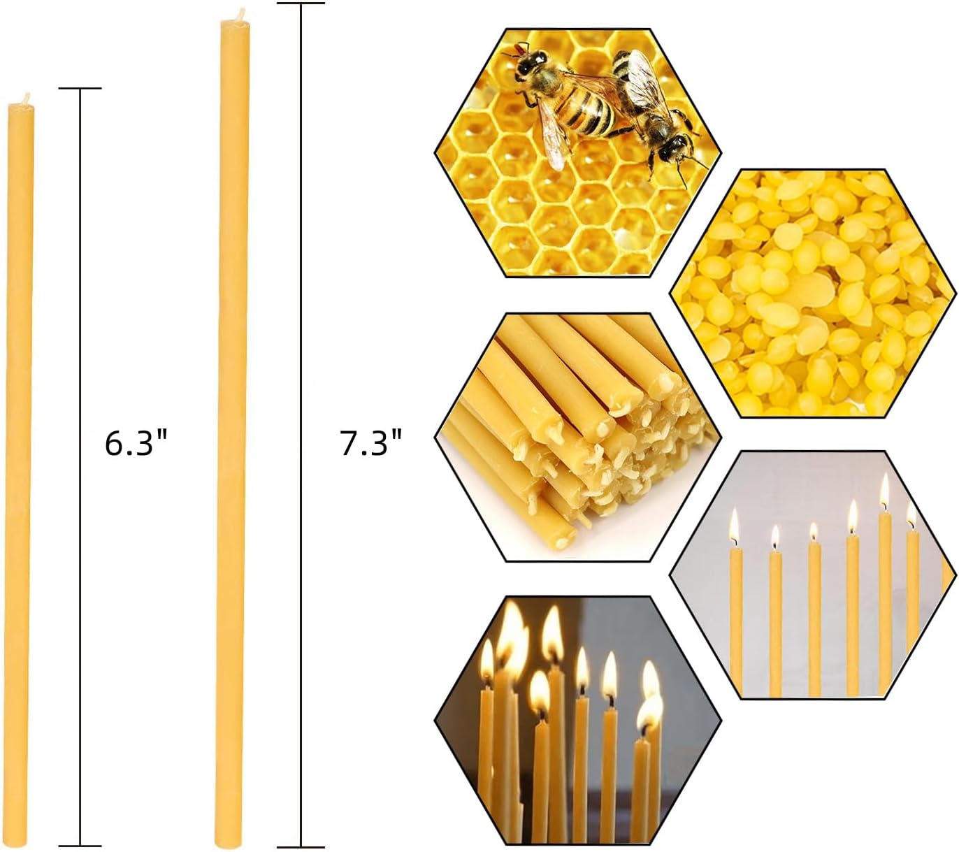 50Pcs Natural Beeswax Taper Candles 63 Inch Smokeless Decorative