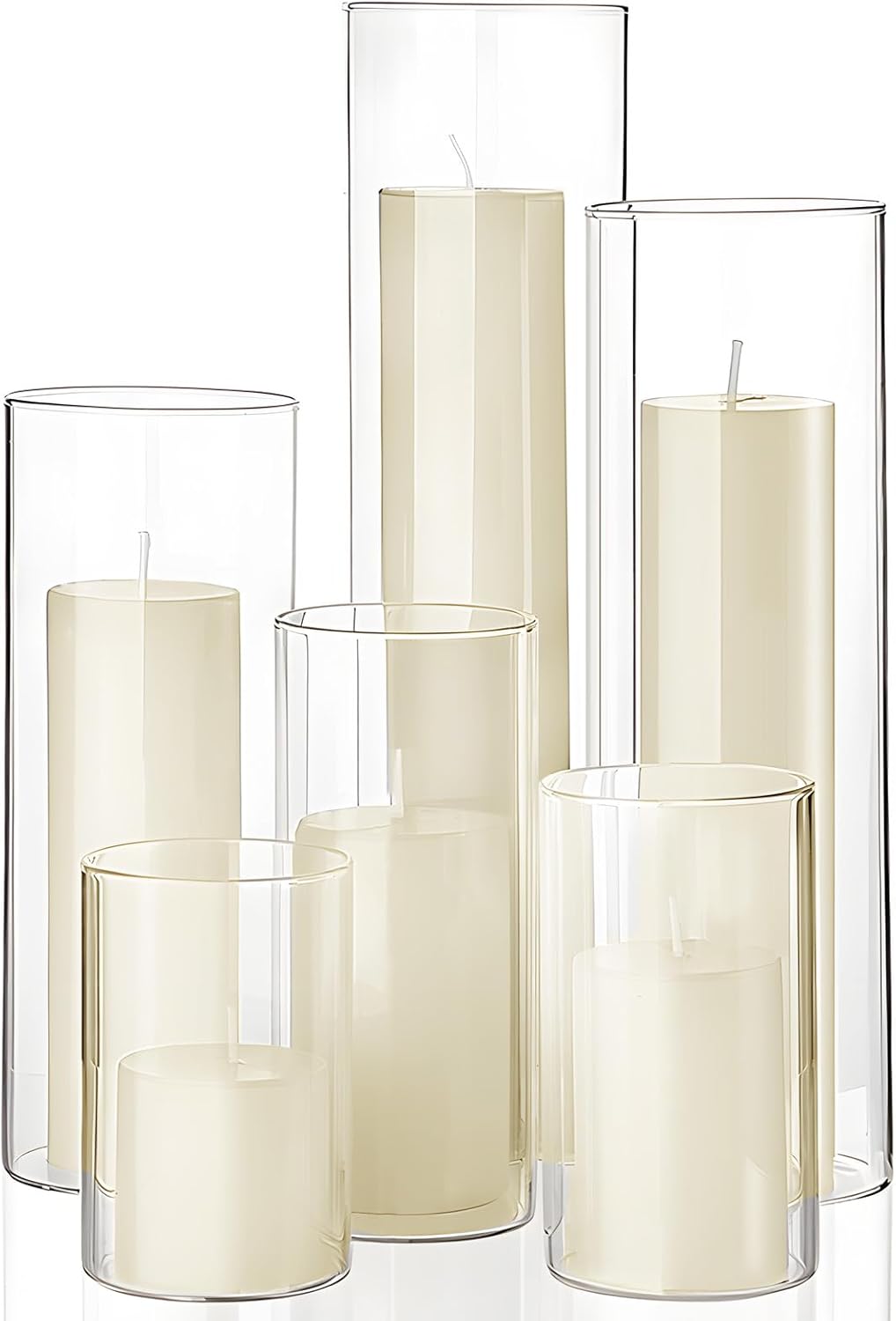 Shihanee Ivory Pillar Candles with 6 Glass Vases Set
