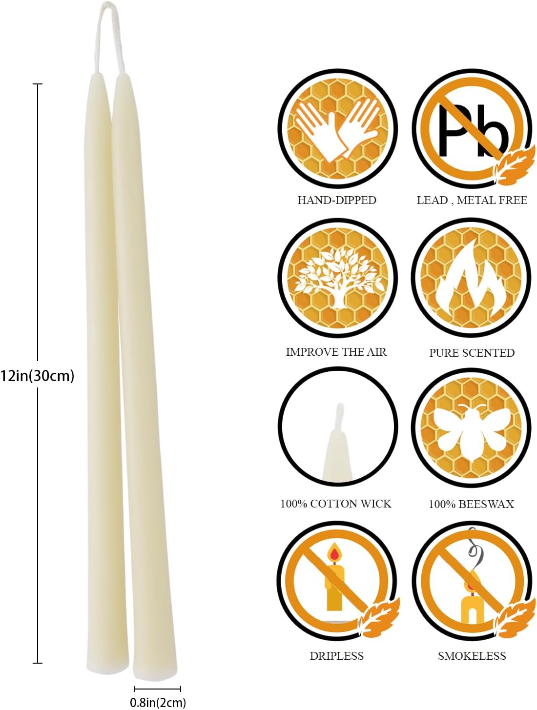 12 Inch Natural White Beeswax Taper Candles Set of 6