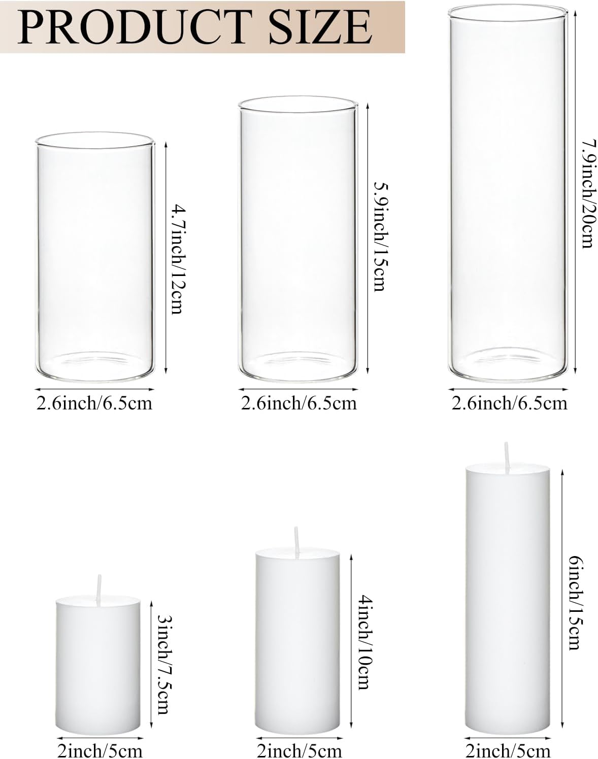 Set of 6 White Pillar Candles with Clear Glass Holders