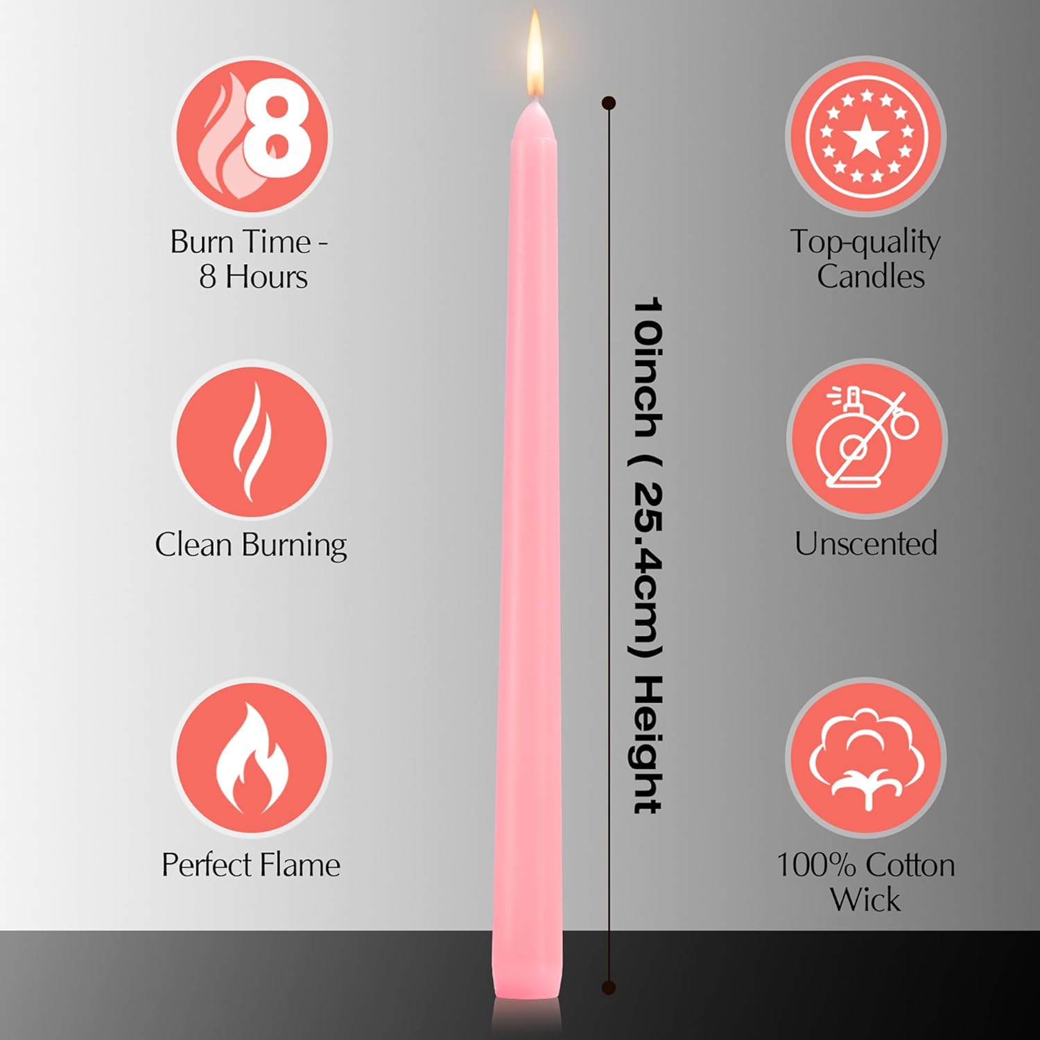 12 Pack Pink Taper Candles - 10 Inch Dripless Smokeless Unscented