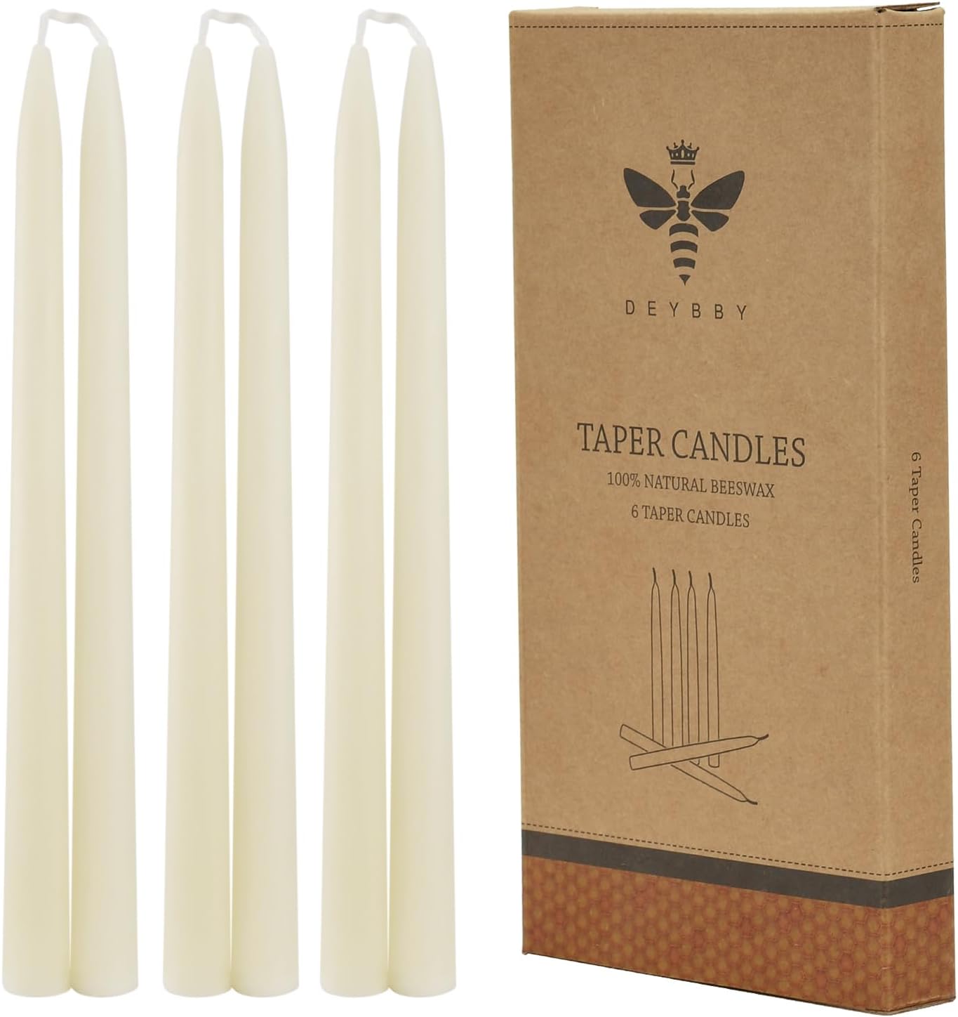 12 Inch Natural White Beeswax Taper Candles Set of 6