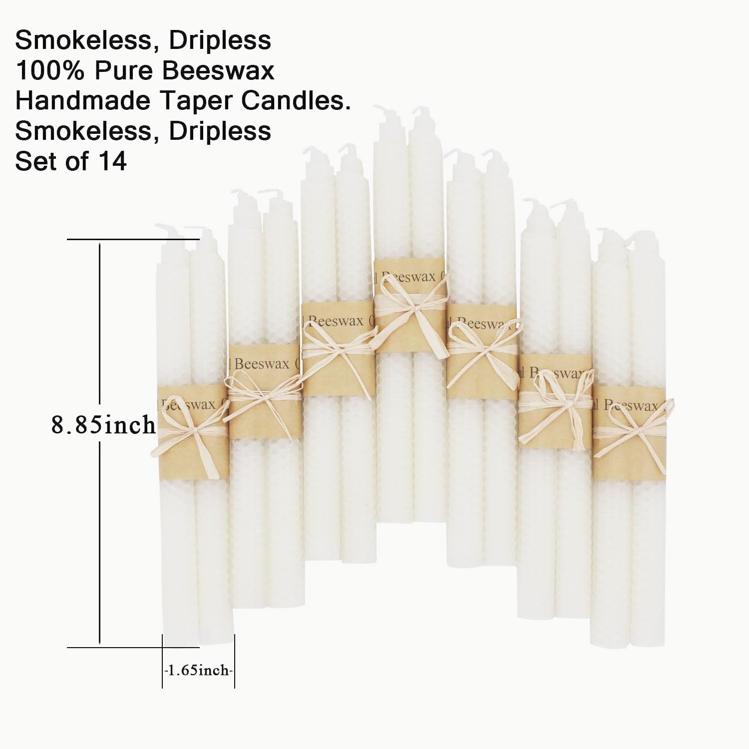 Set of 14 Beeswax Taper Candles 9 Inch Smokeless Dripless Unscented