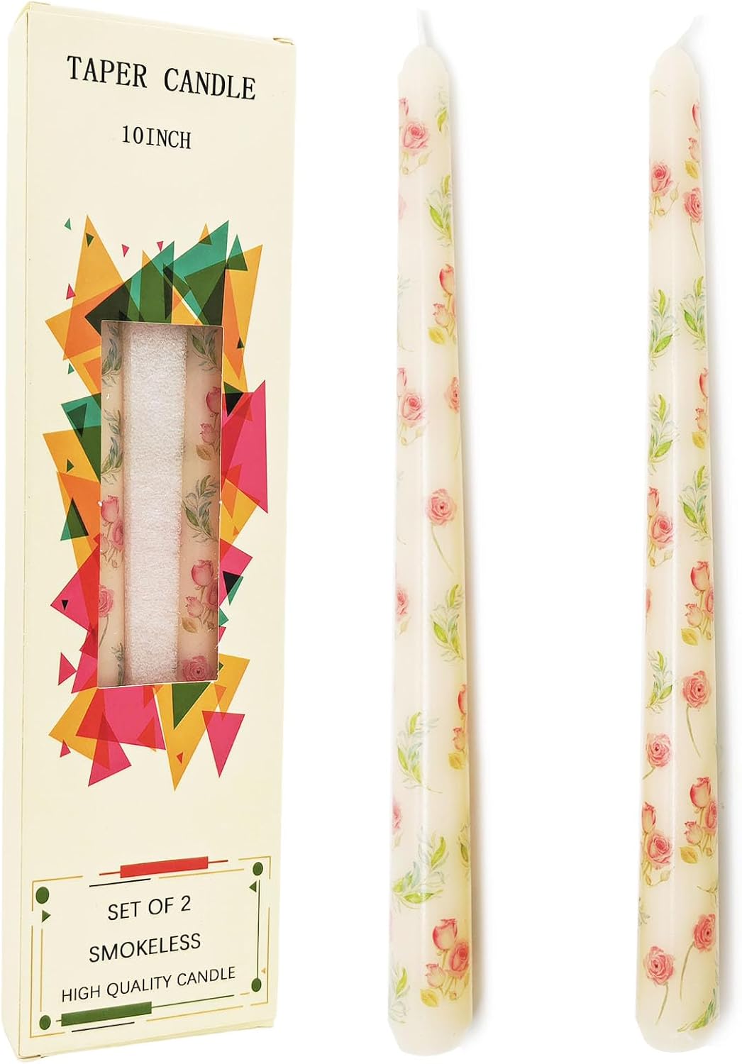 2 Pack Ivory Taper Candles with Flowers Print 10 Inch