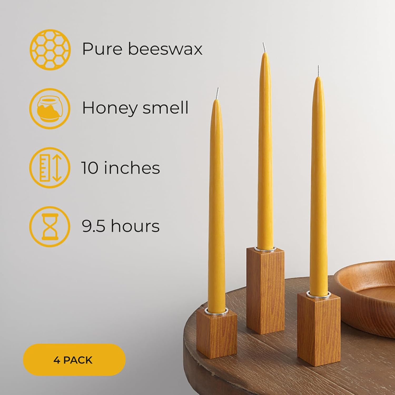 CANDWAX 10 Inch Beeswax Candle Set of 4 - Dripless