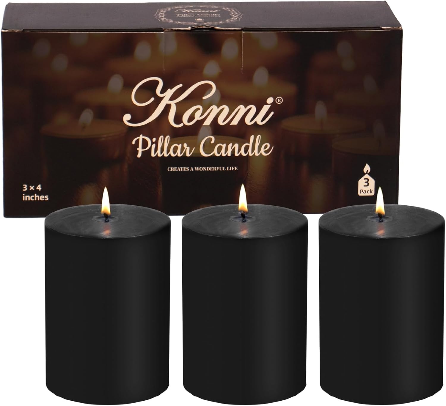 KONNI Unscented Pillar Candles Set of 3 3x4 Inches Smokeless Dripless