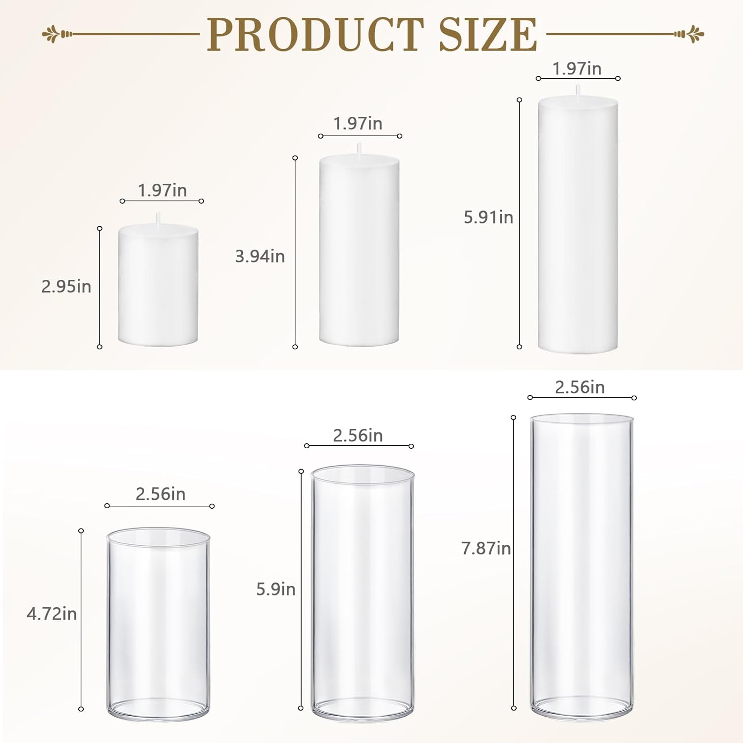6pcs White Pillar Candles with Clear Glass Holders for Centerpieces and Events